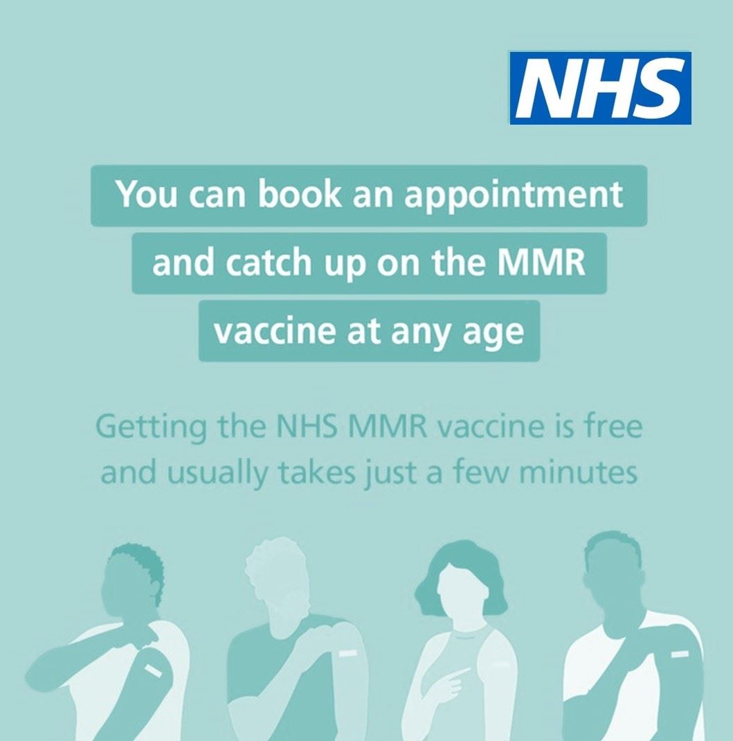 the NHS logo, a group of cartoon people rolling up their sleeves and the the words you can book an appointment and catch up on the MMR vaccine at any age. Getting the NHS MMR vaccine is free and usually takes just a few minutes. 