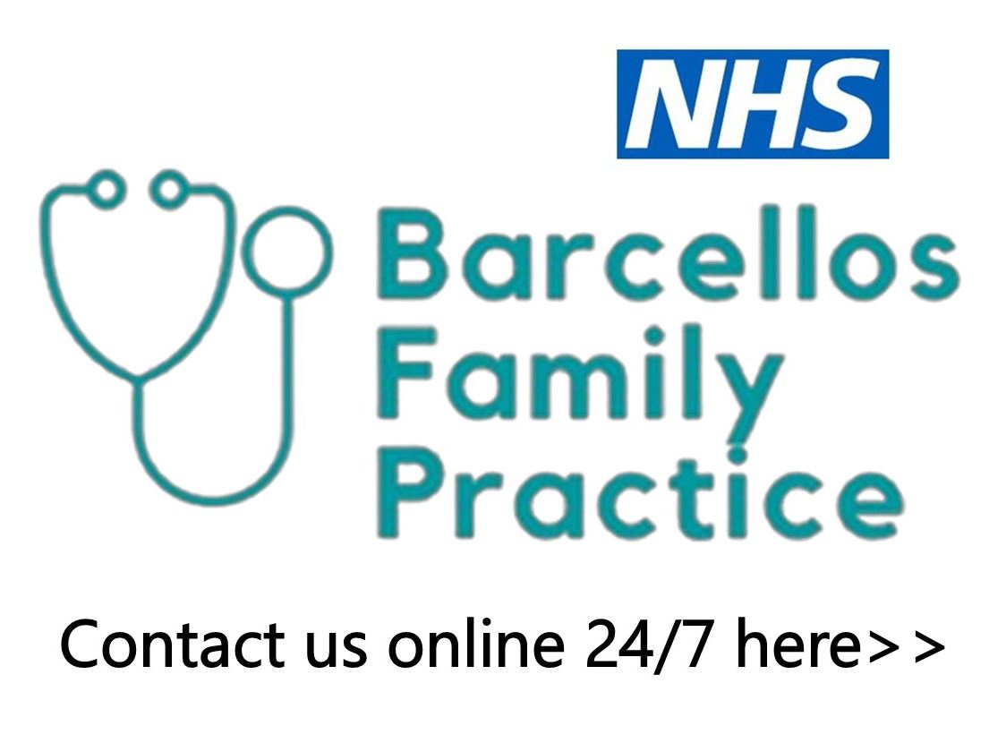 the nhs and practice logo and the words Contact us online 24/7 here>>
