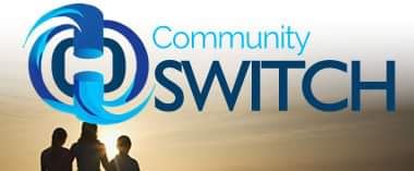 A woman and two children facing a sunset in the distance and the Community SWITCH logo