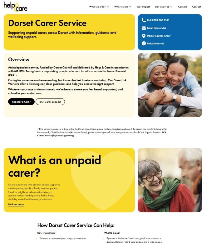 Screenshot of the Dorset Carer Service web page